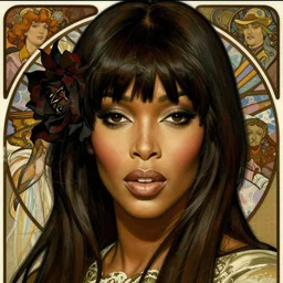 realistic detailed face portrait of Naomi Campbell by Alphonse Mucha, Ayami Kojima, Amano, Charlie Bowater, Karol Bak, Greg Hildebrandt, Jean Delville, and Mark Brooks, Art Nouveau, Naomi Campbell, Neo-Gothic, gothic, rich deep moody colors