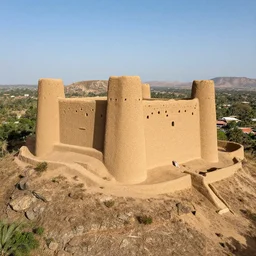High-quality aerial photography of an old West African castle made of mud bricks on top of a mountain, National Geographic