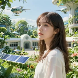 beautiful girl, scifi, futuristic, bright light, highly detailed, concept art, green plants, research complex, school, white building, drones, solar panels, flowers, utopia, sharp focus, trending on artstation, intricate, atmosphere, sunny, art by roman makarenko, dzung phung dinh