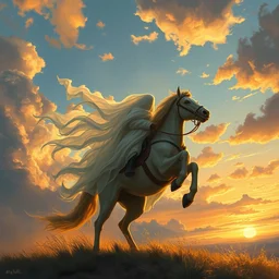 a beautiful painting of ghost! riders! in the sky!, sunset!, by wlop, tooth wu and charlie russell