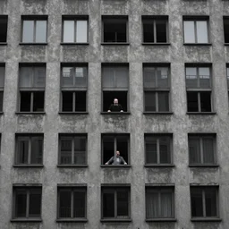 building in the style of brutalism, gray dirty walls, lots of windows, a man screaming in every window, by dostoevsky, wens anderson, ando tadao, adams ansel, dark palette,