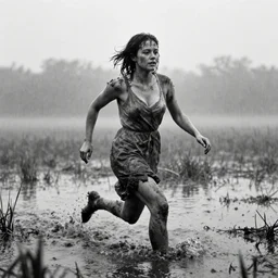 movie still of a dirty woman in dress running in a swamp, cinestill 8 0 0 t 3 5 mm b & w, heavy grain, high quality, high detail, mud, fog, rain