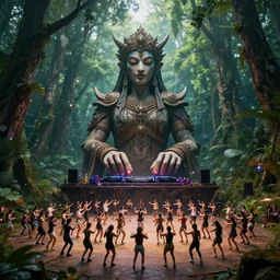 a giant statue in the middle of a mysterious forest with dj and 1 0 0 0 people dance on the floor, 8 k, high definition, octane render