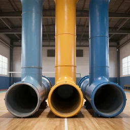 a sportshall where 3 giant pipes come out of the floor with the opening towards us. each pipe has a different color. unreal engine