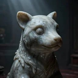 weird marble animal statue close up in a dark room, creepy and eerie athmosphere, mist, godrays, photorealistic, highly detailed, unreal engine