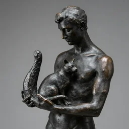 sculpture of a man holding a cat in his hands, black copper, by marino marini