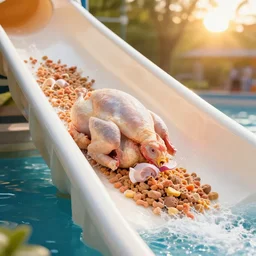 fresh raw chicken food going down a waterslide in a waterpark, by marc adamus, sunset, beautiful