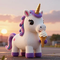 a large knitted unicorn eating ice cream cone at sunset Trending on artstation, featured on Behance, well-rendered, Unreal Engine, 4K HD
