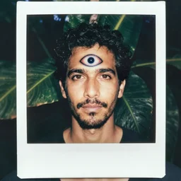 grainy head to shoulder portrait Polaroid film photograph of a man with a third eye in a tropical greenhouse. looking at the camera!!. super resolution. Extremely detailed. Polaroid 600 film. by Annie Leibovitz and Richard Avedon