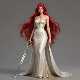 gender : female, race : human, job : noble, clothes : fine gowns, weapon : ceremonial sword, accessories : jewelry, body type : slender, hair color & style : long and red,, made by stanley artgerm lau, wlop, rossdraws, artstation, cgsociety, concept art, cgsociety, octane render, trending on artstation, artstationhd, artstationhq, unreal engine, 4 k, 8 k,