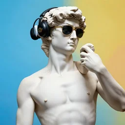a michelangelo sculpture of david wearing headphone and sunglasses sticker on a colorful background. cartoon. high quality. cute. pretty. unsplash. 4 k. devianart.