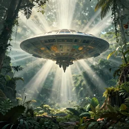 old photo overgrown zaha hadid alphonse mucha spaceship symmetry godrays haze ruins in jungle dripping sunlight