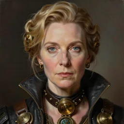 portrait painting of a dieselpunk proud maggie smith as minerva mcgonagall, sharp focus, award - winning, beautiful eyes, perfect eyes, trending on artstation, masterpiece, highly detailed, intricate. art by josan gonzales and moebius and deathburger