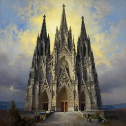 a gothic cathedral on top of a mountain, ultra realistic, wide angle, intricate details, artifacts, luminous skies, highly detailed, michael cheval, peter mohrbacher, boris vallejo, jessica rossier, oil painting, highly detailed, cinematic lighting