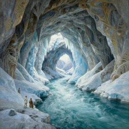 a beautiful painting of the view from the whitewater river of icy caverns measureless to man down to a sunless sea, intricate, elegant, highly detailed, digital painting, artstation, concept art, by krenz cushart and artem demura and alphonse mucha