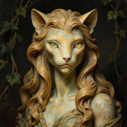 detailed portrait in femininity, regal alien, feline, realistic face carved features, specular eyes, statuesque model, natural skin, flowing ruffled hair, warm glow, subsurface scattering, avant garde fashion, chiaroscuro, organic impressionism, vine backdrop, deep rich color, digital illustration