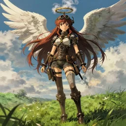 steampunk angel anime girl with a halo made out of steam, extremely detailed, hdr, anime, studio ghibli, lush, pretty, long hair, full body portrait, cinematic lighting, sky, grass, clouds, posing, epic, intense, sharp focus,