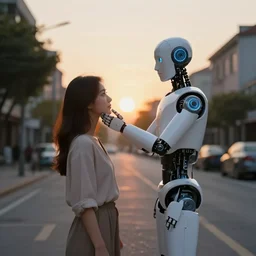 a calming photograph of a slender, humanoid robot caresses a beautiful woman in the face, large shot, wide shot, in a street, sunset photo