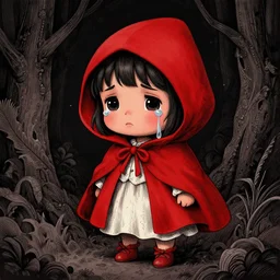 cute Little red riding hood stands there crying, tear rolling down cheek, detailed intricate ink illustration, dark atmosphere, detailed illustration, hd, 4k, digital art, overdetailed art, concept art, by greg rutkowski, by loish, complementing colors, Trending on artstation, deviantart