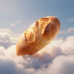 a bread assending to heaven, soft glow, clouds