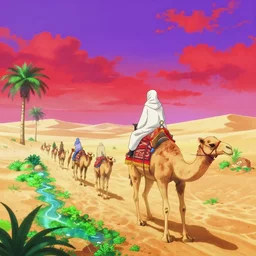 anime muslims journeying across an enchanted isekai desert on camel through a lush oasis, heatwaves anime aesthetic, bright purple and red sky