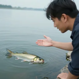 a fish half out of the water talking to a man