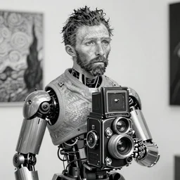 photo of a cyborg as vincent van gogh, by diane arbus, black and white, high contrast, rolleiflex, 5 5 mm f / 4 lens