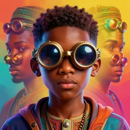 colourful vfx upper half - portrait - art of a nigerian boy wearing steam punk goggles, art by hsiao - ron cheng & james jean, digital render, digital illustration, concept art, caricature, volumetric light, ray tracing, symmetrical, unreal engine, octane 3 d render, sharp, detailed, intricate detail, pinterest, behance, art station,
