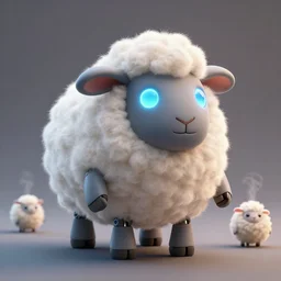 wide - shot of adorable fluffy, cute electric robot sheep!!, glowing diods, greg simkins, android jones, rutkowsky, matte painting, steam lighting, render, hyperrealistic, highly detailed, accurate