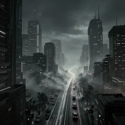 a wide angle view of a steamy technopunk beijing, in the style of tron legacy, concept art, desaturated, cinematic, film noir, ominous, darksynth, illuminated lines, outrun, misty, octane render, by zack snyder and jeremy mann, 8 k