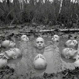 movie still by tarkovsky of bald heads that are floating in a mud pond, swamp backround, cinestill 8 0 0 t 3 5 mm b & w, heavy grain, high quality, noir, natural textures, photorealistic, ambient occlusion, hd, ultra wide lens, anamorphic, eyes