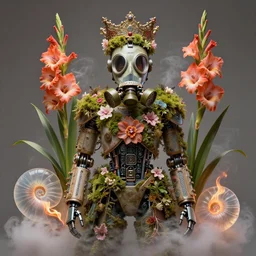 symmetry!! 3 d frontal portrait of the retrofuturistic robot in vintage gas mask in midsommar style clothes and crown overgrown with moss and giant orchid flowers and giant gladiola flowers, intricate, elegant, surrounded by smoke and burning. translucent nautilus, highly detailed, by wlop, tooth wu, greg rutkowski, alena aenami