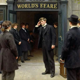 attractive man calling out to passersby from his soapbox at the entrance to the world's fair, 1 9 1 8, melancholy, nostalgia, painting by gaston bussiere, craig mullins, j. c. leyendecker
