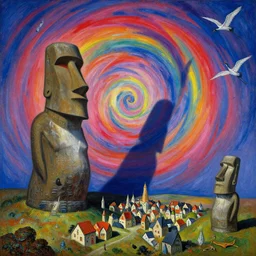 gods, giant moai statue fighting above a tiny medieval town. the shadow of the giant covers the crows. vivid psychedelic color sweeping in a vortex. cranes. painting by jan van eyck, monet, salvador dali, roger dean, beksinski, max ernst, agnes pelton, munch