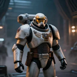 Portrait of Space Marine, bokeh, darkness interior of the spaceship background, inspired by Ridley Scott, Warhammer, octane render, HD, volumetric lighting, mist, twilight, high details