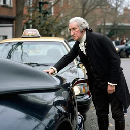 george washington opening a taxi car in 1 9 9 0, real life photo, dslr