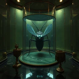 a room of glass and oil, water caustics, the giant insect is inside, disdain, film still from the movie directed by denis villeneuve and david cronenberg with art direction by salvador dali and dr. seuss