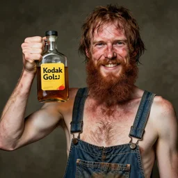 extremely skinny malnourished redneck white male with long beard, wearing dirty overalls, dirty greasy face, grin, portrait, close up, he is proudly holding a jug of whiskey, kodak gold 2 0 0, 5 0 mm