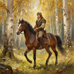 A centaur adventurer is enjoying a stroll in the crisp autumn air among the birch trees in an enchanted glade. trending on Pixiv. trending on ArtStation. A vibrant digital oil painting. A highly detailed fantasy character illustration by Wayne Reynolds and Charles Monet and Gustave Dore and Carl Critchlow and Bram Sels