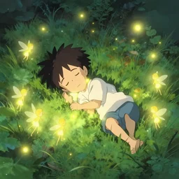several tiny fairies shown as balls of light clustered around the sleeping body of a young boy. By Makoto shinkai. WLOP. Masterpiece.