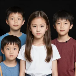 one girl and three boys, they are siblings, black background, highly detailed 4 k photography