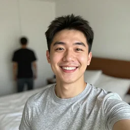 a selfie of a smiling guy in his bedroom with a dark figure in the background