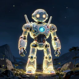 glowing nuclear powered robot helping defeat climate change by satoshi kon