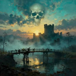 very textured post apocalyptic moody panoramic cinemascope background , sunset, cyan fog , backlight on vine bridge silhouette over lake , backlight on castle ruins, dramatic sky , clouds in the shape of a skull, backlight , oil painting art by frazetta