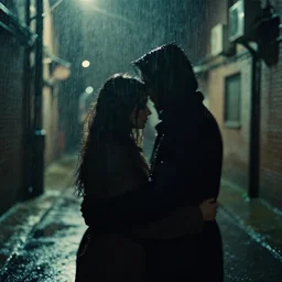 an emotional picture of two shadowy figures hugging each other at night in an ally, it is raining heavily, 35mm, motion blur