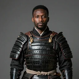 portrait of african man in black samurai armoury, by jan van eyck