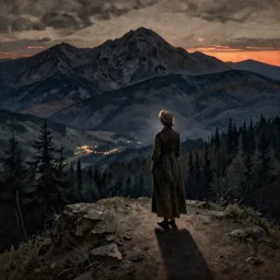 A lonely widow looks from a mountaintop, mountains, gorgeous view, velly distant forest, distant city, distant glow, night, sunset, dramatic light, Chiaroscuro, long shadows, dark, masterpiece, high detail, detailed, illustration by Paul Gustave Doré