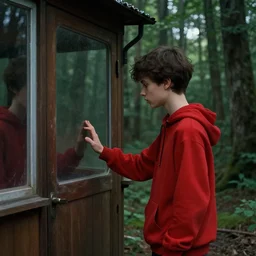 boy in red knock the door of a cabine in a forest, detailed, strong lighting, very conherent, by aenami and alena, trending on artstation
