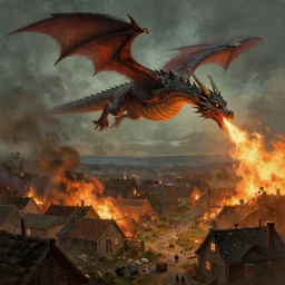 a large dragon flying above a mid century village and blowing fire and waste to the buildings below. Moody paining trending on artstation