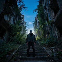 A high quality color photo of a mysterious man with a gas mask standing in the middle of a staircase alley looking in the direction of the camera :: outside, blue sky visible :: ruined city with vegetation and trees growing everywhere on the destroyed buildings :: forest :: apocalyptic, gloomy, desolate :: long shot, low angle, dramatic backlight, symmetrical, night, slightly colorful photography :: cinematic shot, highly detailed